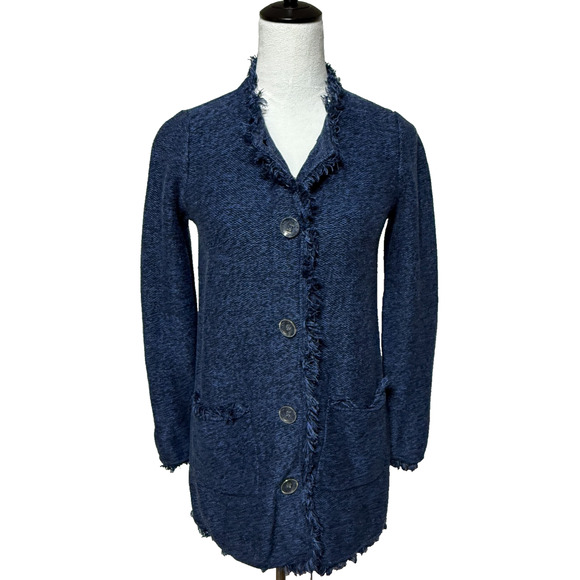 J. Mclaughlin Lexa Cardigan Womens Small Blue Fringe Button Up Sweater Coat - Picture 1 of 9